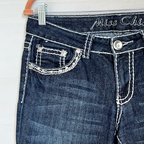Miss Chic Women's Denim Jeans Size 9 Mid Rise Dark Wash Bling Embroidered - Picture 10 of 15